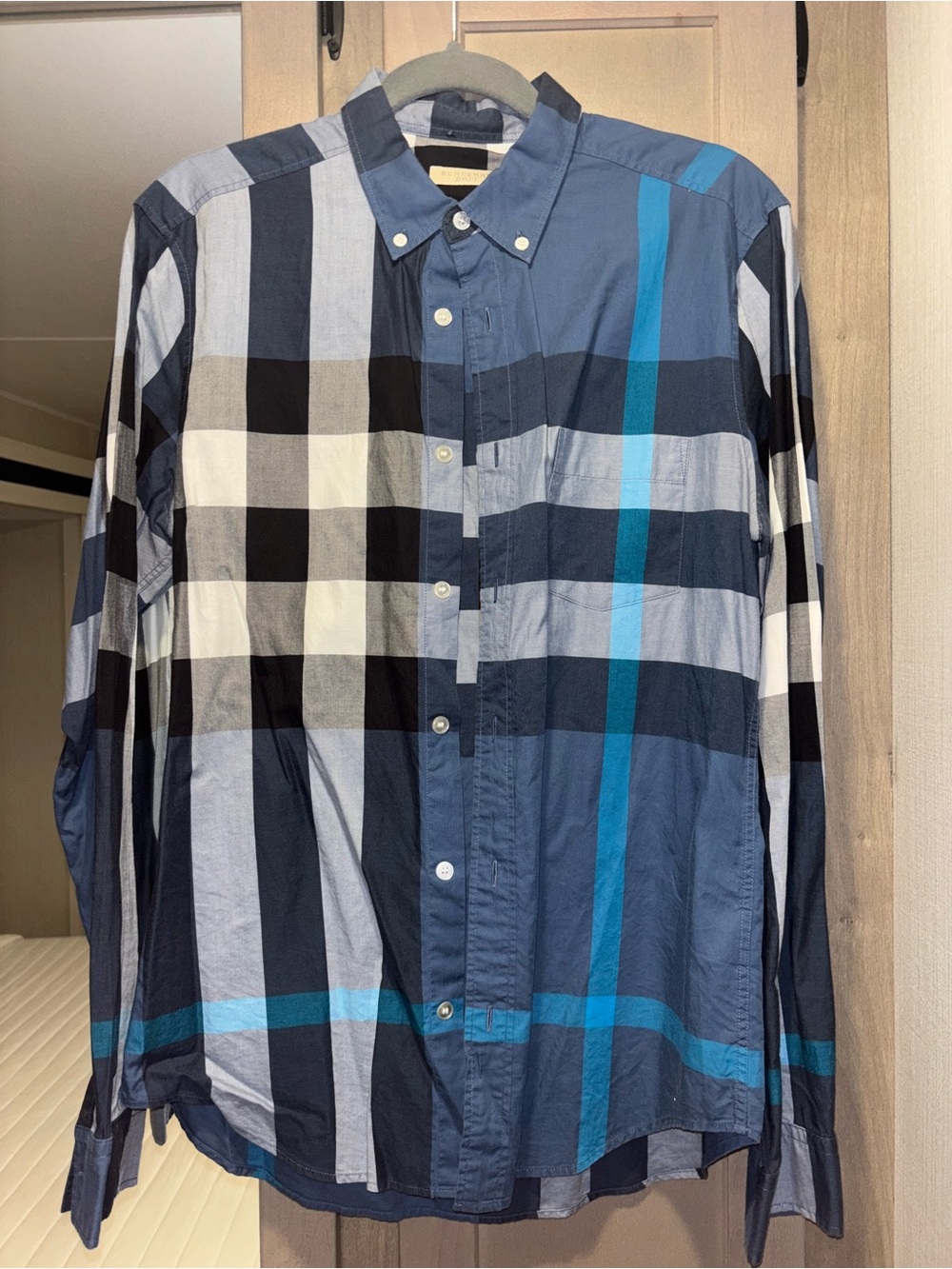 Burberry Men's Navy and Blue Plaid Button-Down Shirt